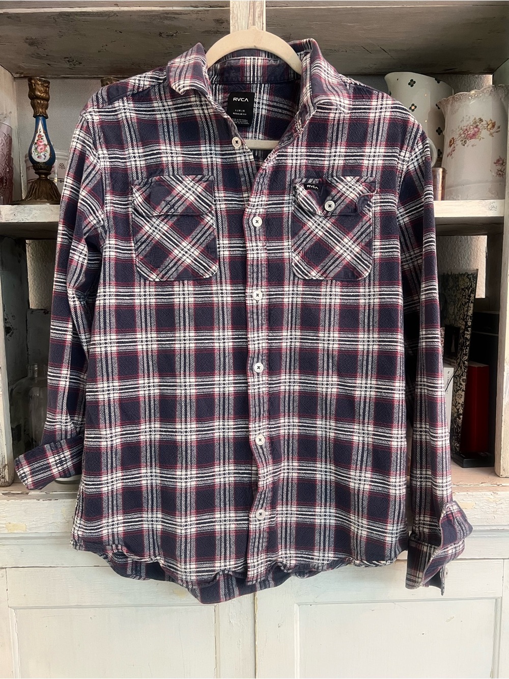 RVCA Men's Navy and Burgundy Plaid Button Down Shirt Size Large